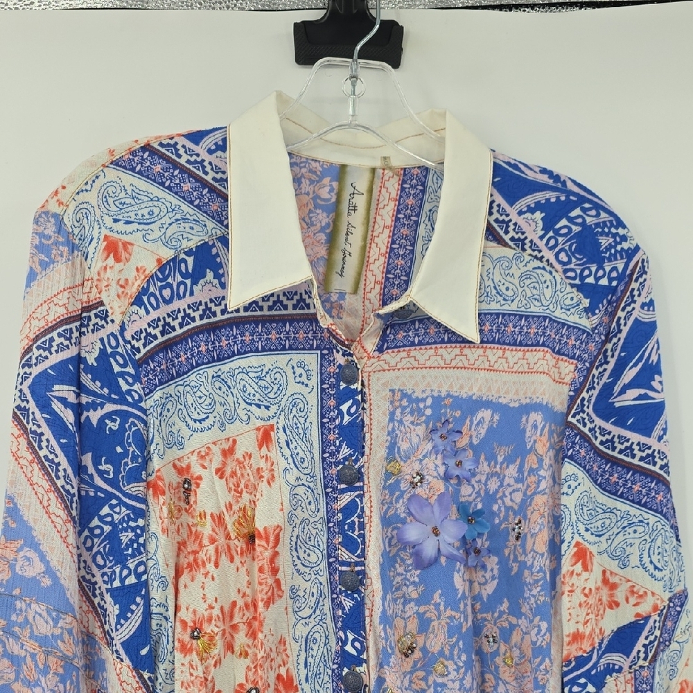 ARATTA Long Distance Lover  Button Down Printed Bell Sleeve Top Shirt M - Picture 2 of 9